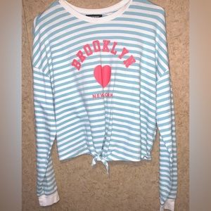Joe Boxer Crop Top Size XL Tie Waist Front Blue Striped Long Sleeved Stretch